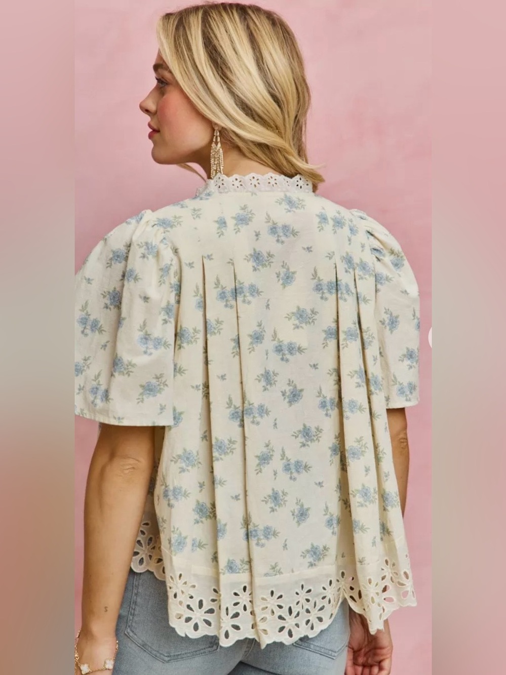 So Me Floral Print Lace Trim Blouse Top in Blue - Picture 7 of 7